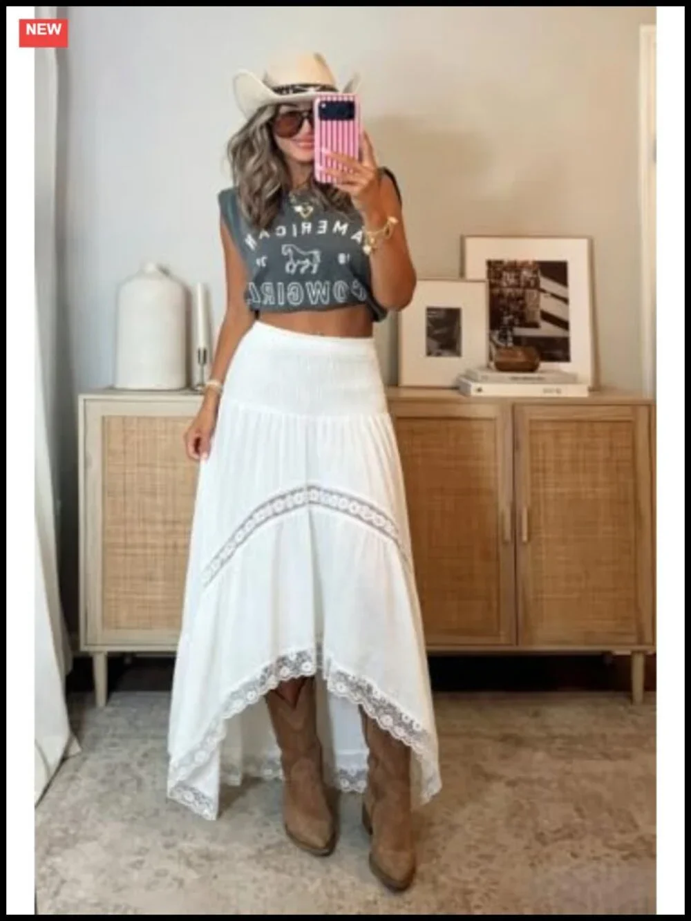 Womens Boho Maxi Skirt High Waist Flowy A-Line Long Skirt Smocked Lace Trim